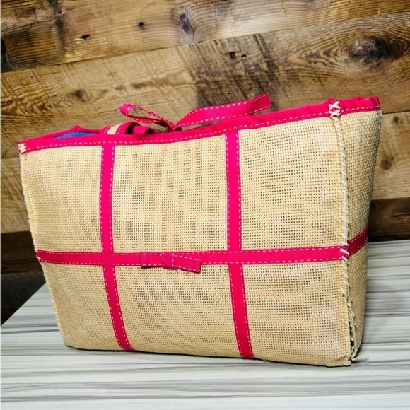 Ralph Lauren 90s Y2K Straw Tote Handbag With Pink Trim and bow, classic - Picture 1 of 5